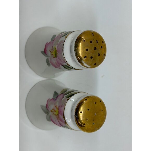VTG Noritake Azalea Painted Floral Salt Pepper Shakers 4" Japan Gold Trim Set 2 - Picture 3 of 6